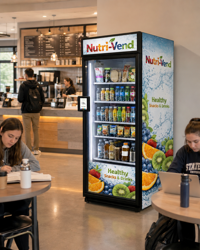 Nutri-Vend SmartMarket serving students near a campus cafe