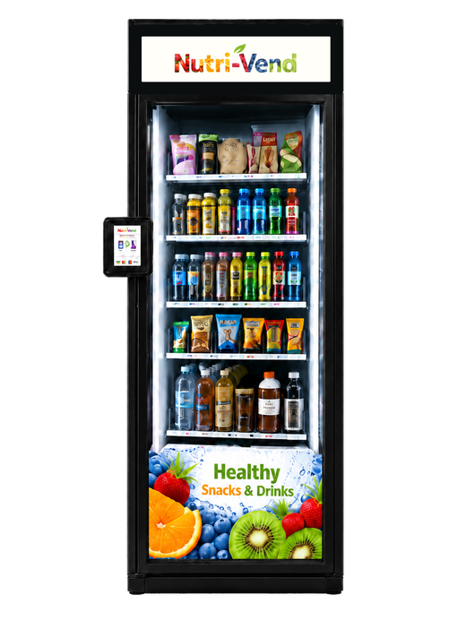 Front-facing Nutri-Vend SmartMarket with rotating advertising display