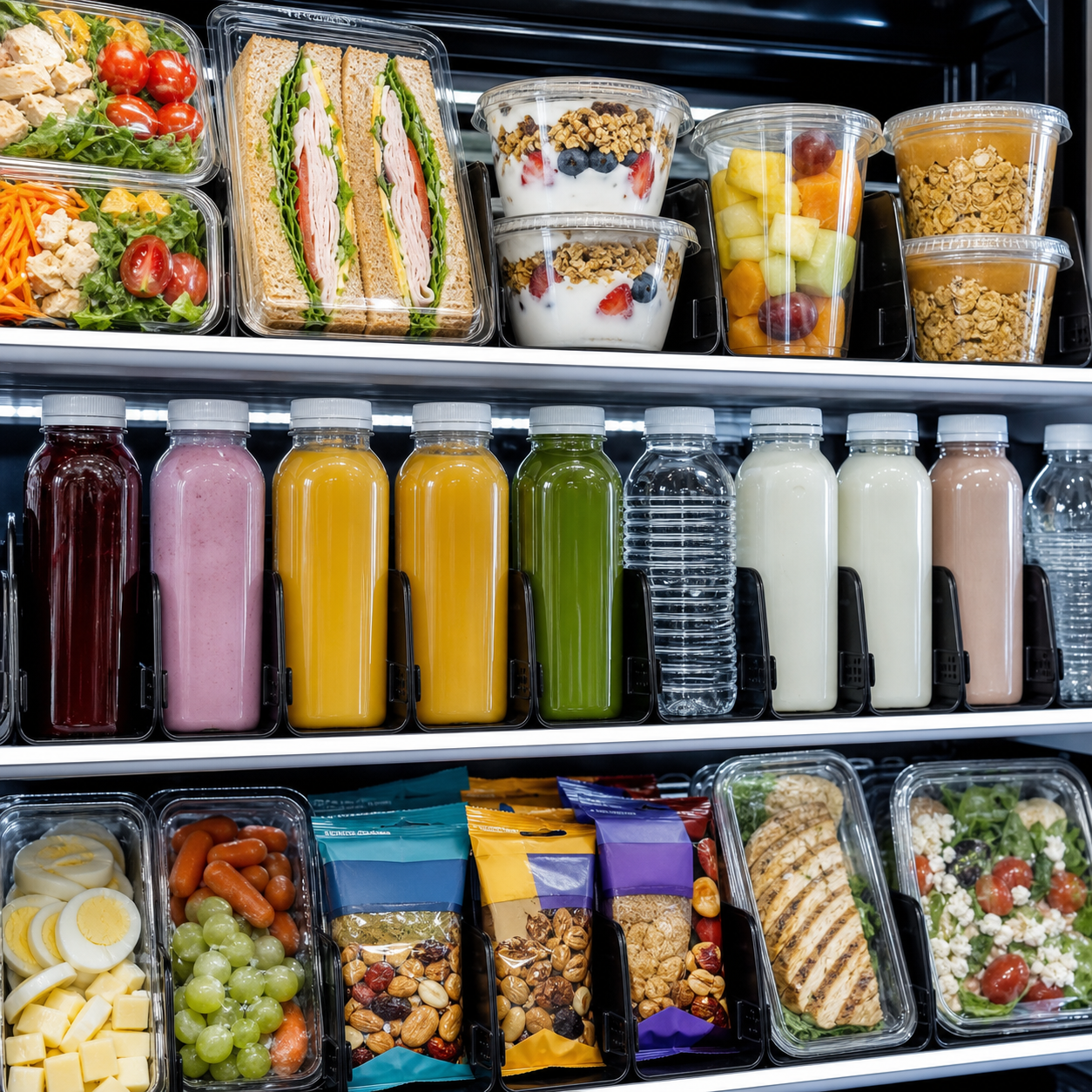 SmartMarket shelves stocked with fresh meals, snacks, and drinks