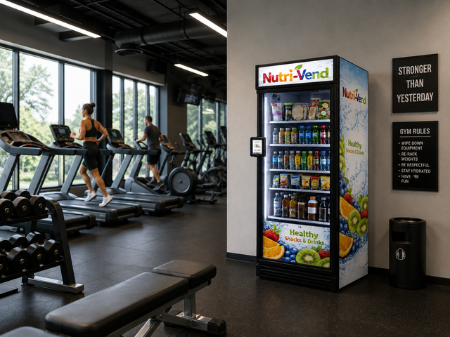 Nutri-Vend SmartMarket stocked with healthy snacks inside a gym