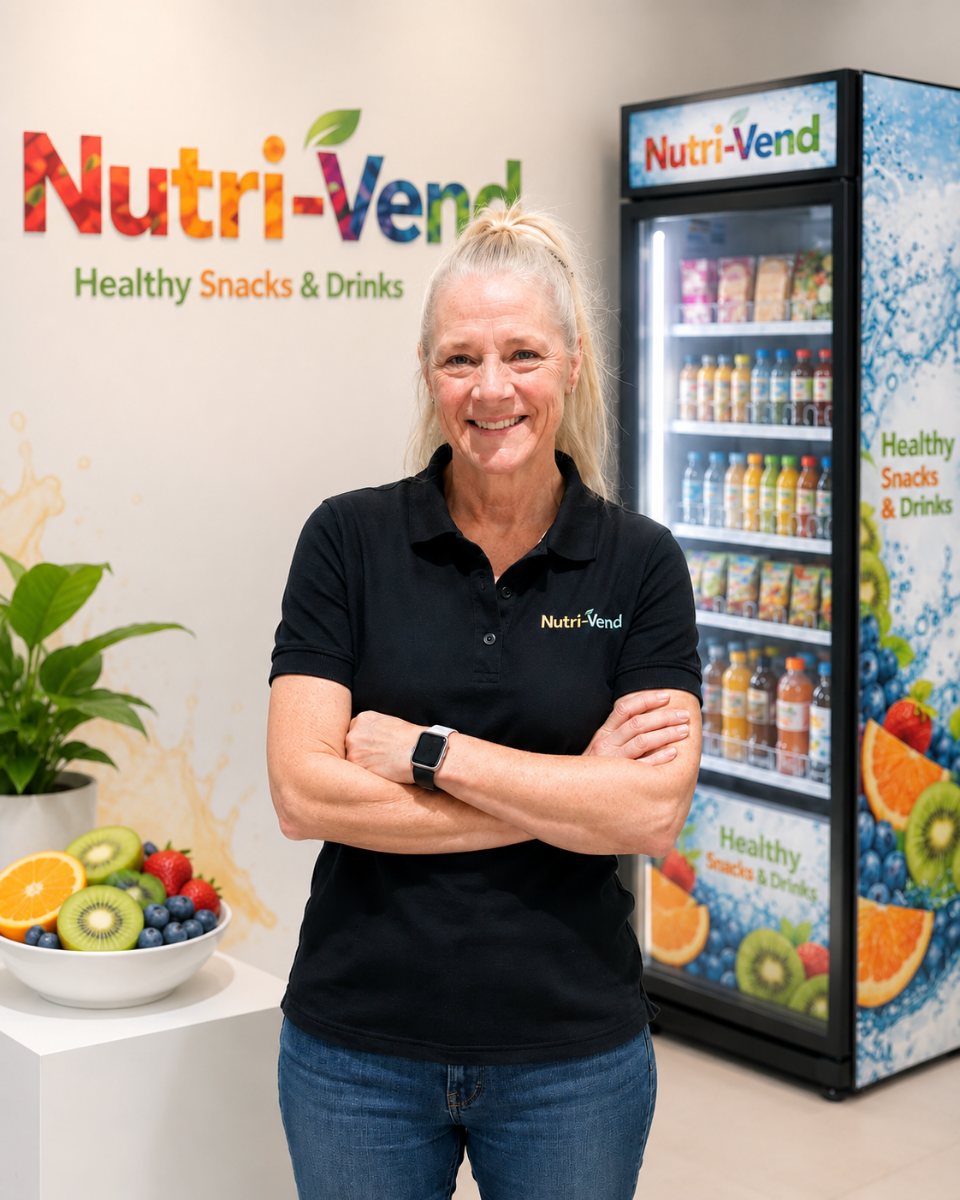 Peggy Flanagan, owner of Nutri-Vend, standing in front of a Nutri-Vend SmartMarket