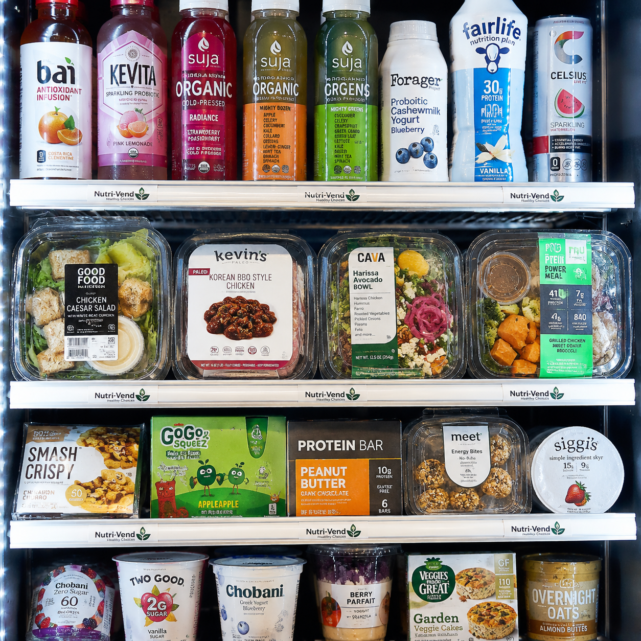 Closeup of SmartMarket drinks, salads, protein snacks, and chilled meals