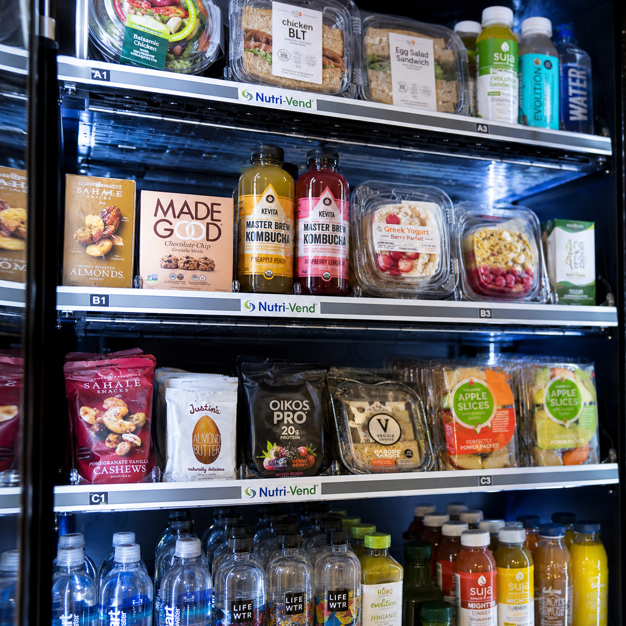 Healthy snacks, yogurts, drinks, and grab-and-go products inside a SmartMarket