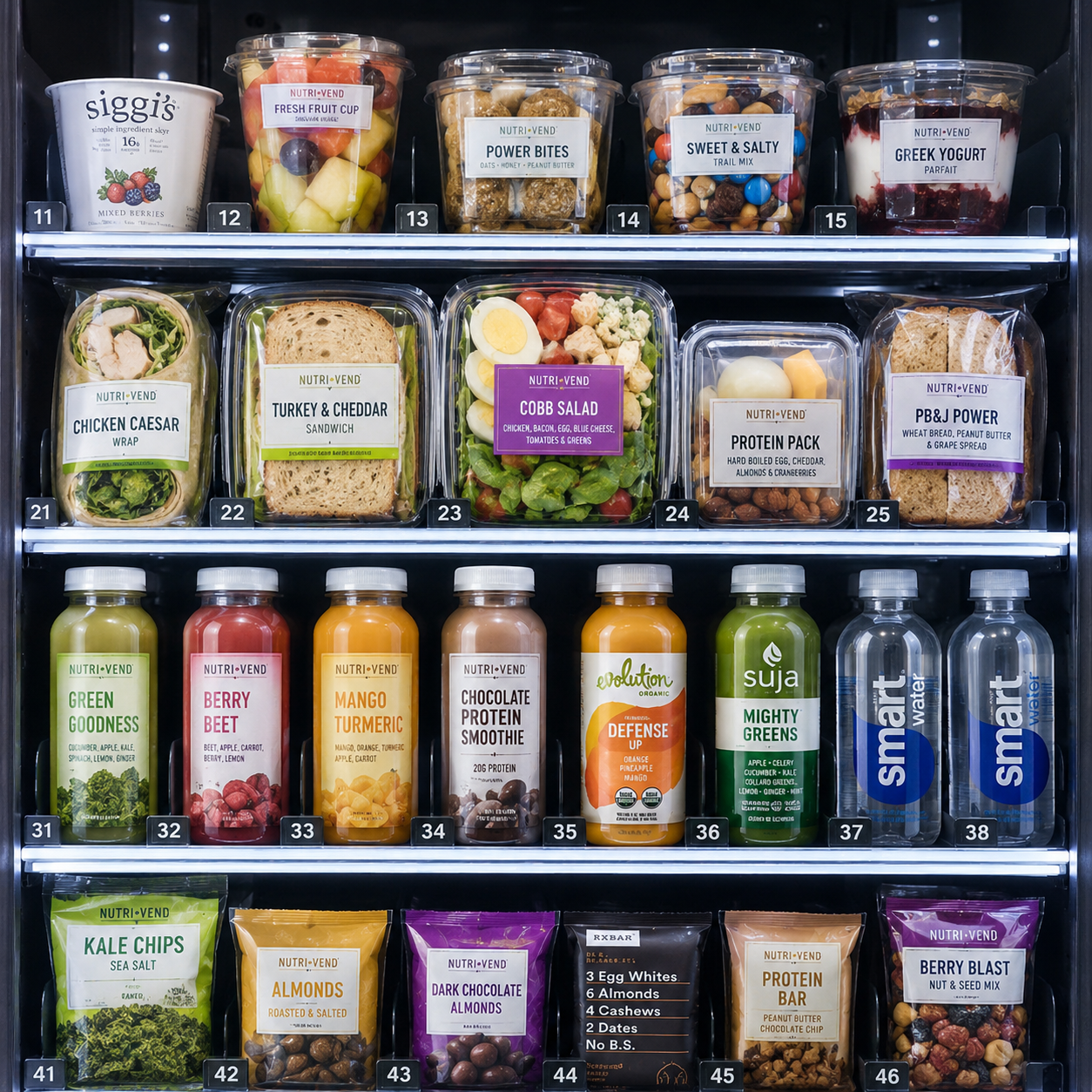 Nutri-Vend refrigerated shelves with meals, smoothies, water, and snacks